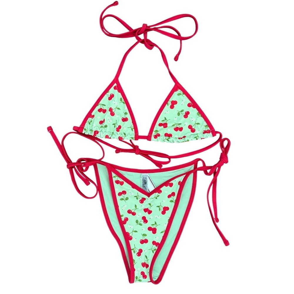 PINK by Frankies Bikinis Cherry Print Triangle Bikini Set XL NWT Beach Retro
